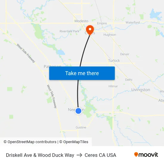 Driskell Ave & Wood Duck Way to Ceres CA USA map