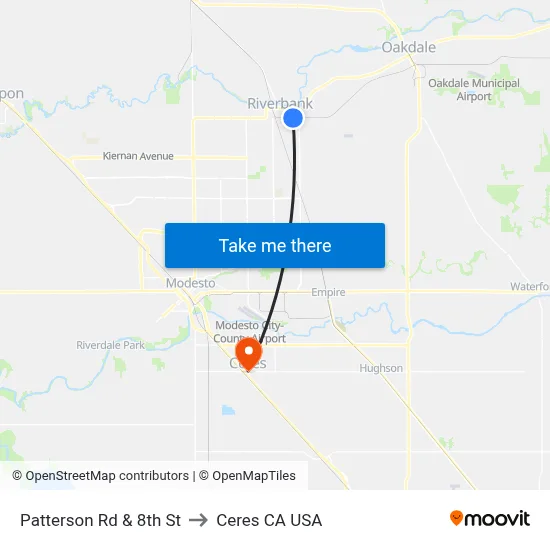 Patterson Rd & 8th St to Ceres CA USA map