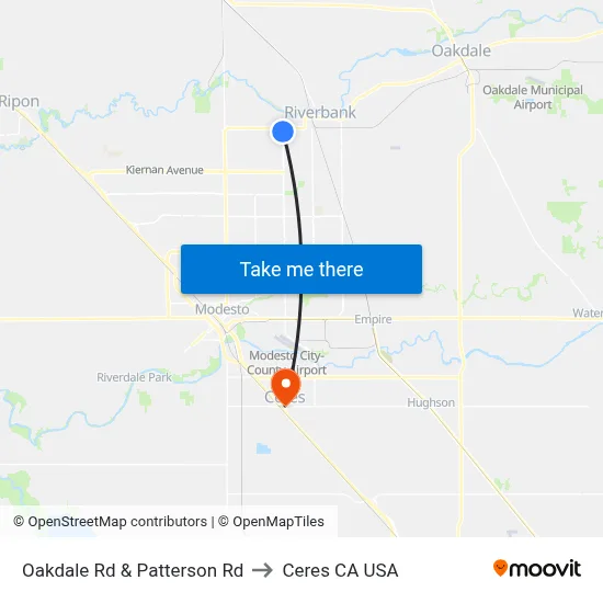 Oakdale Rd & Patterson Rd to Ceres CA USA map