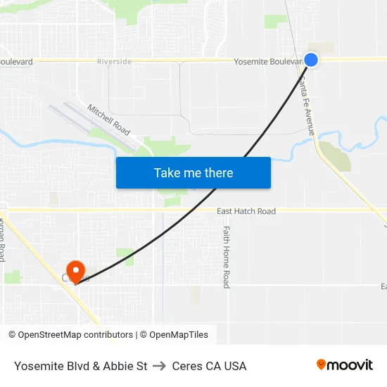 Yosemite Blvd & Abbie St to Ceres CA USA map