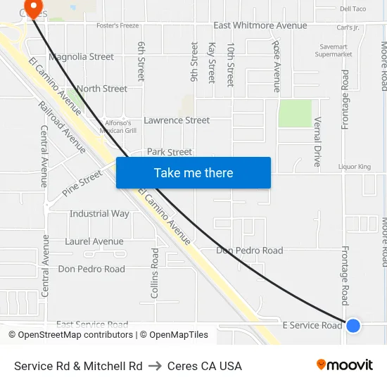 Service Rd & Mitchell Rd to Ceres CA USA map