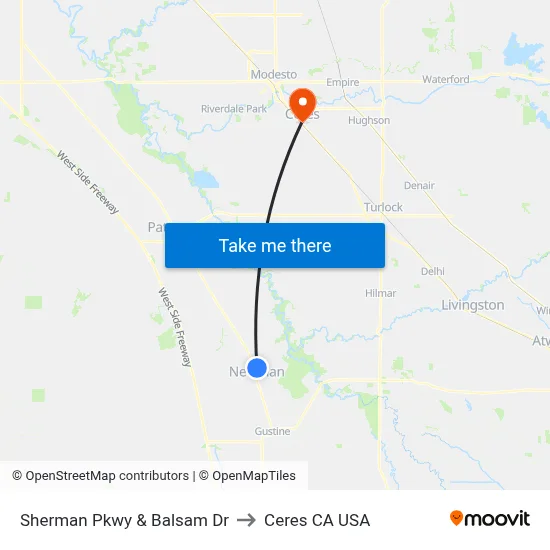 Sherman Pkwy & Balsam Dr to Ceres CA USA map