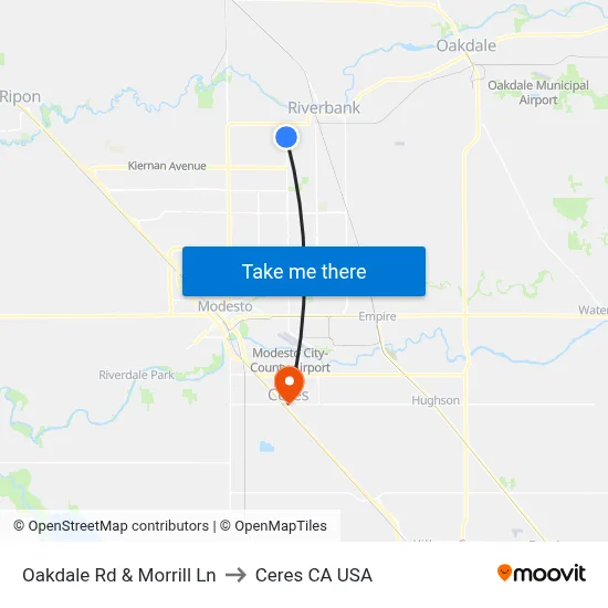 Oakdale Rd & Morrill Ln to Ceres CA USA map