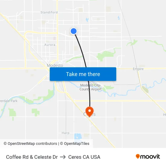 Coffee Rd & Celeste Dr to Ceres CA USA map