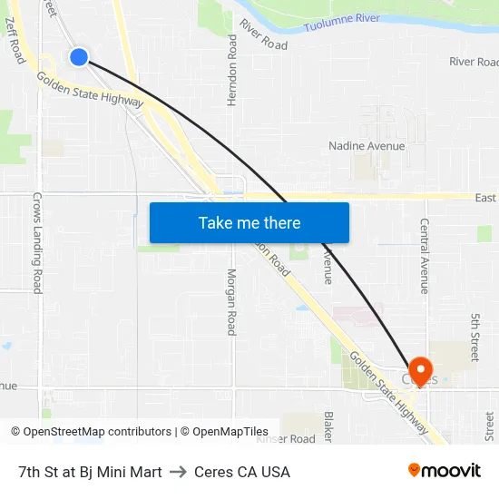 7th St at Bj Mini Mart to Ceres CA USA map