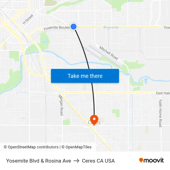 Yosemite Blvd & Rosina Ave to Ceres CA USA map