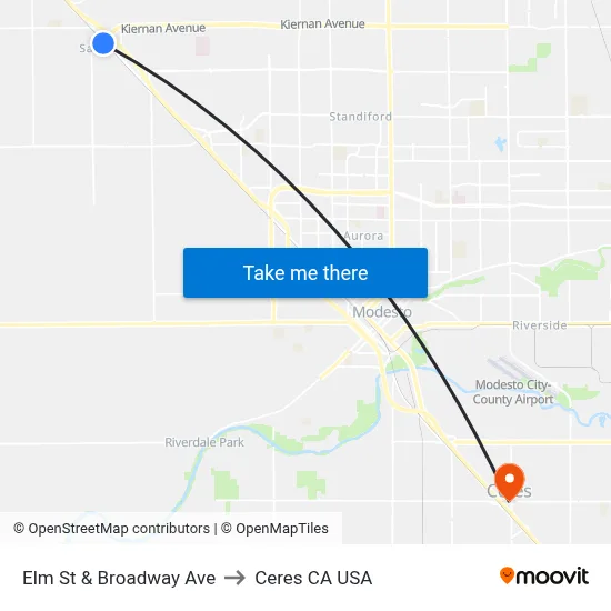 Elm St & Broadway Ave to Ceres CA USA map
