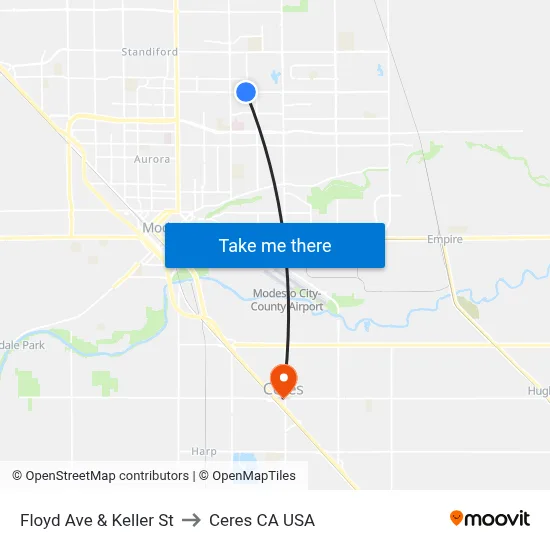 Floyd Ave & Keller St to Ceres CA USA map