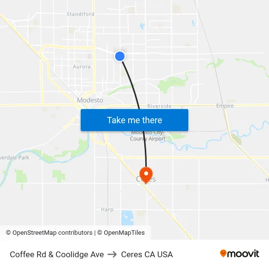 Coffee Rd & Coolidge Ave to Ceres CA USA map