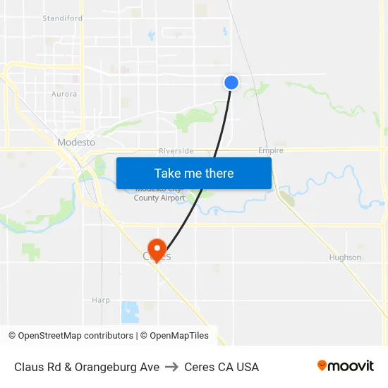 Claus Rd & Orangeburg Ave to Ceres CA USA map