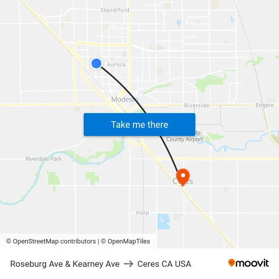 Roseburg Ave & Kearney Ave to Ceres CA USA map