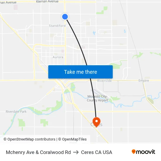 Mchenry Ave & Coralwood Rd to Ceres CA USA map