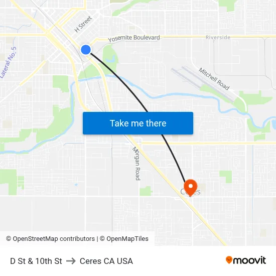 D St & 10th St to Ceres CA USA map