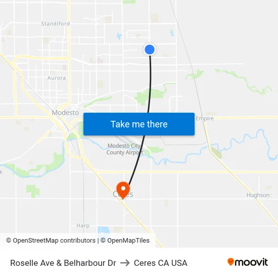 Roselle Ave & Belharbour Dr to Ceres CA USA map