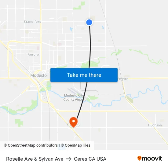 Roselle Ave & Sylvan Ave to Ceres CA USA map