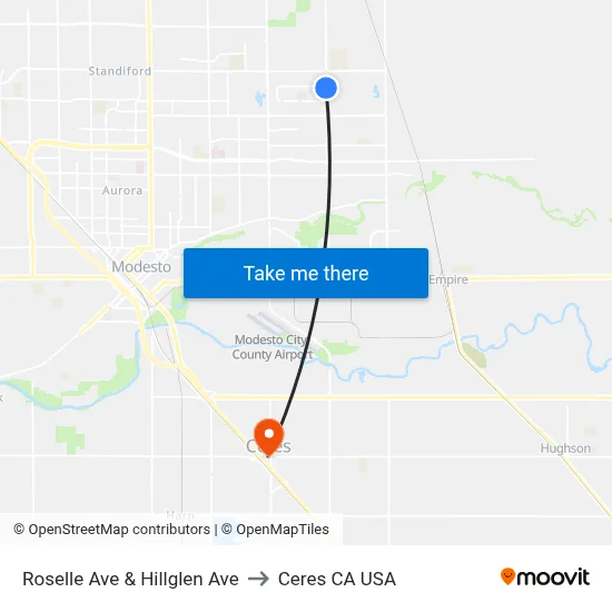 Roselle Ave & Hillglen Ave to Ceres CA USA map