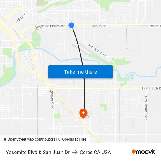 Yosemite Blvd & San Juan Dr to Ceres CA USA map