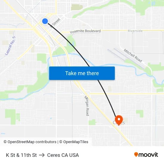 K St & 11th St to Ceres CA USA map
