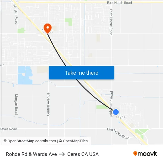 Rohde Rd & Warda Ave to Ceres CA USA map
