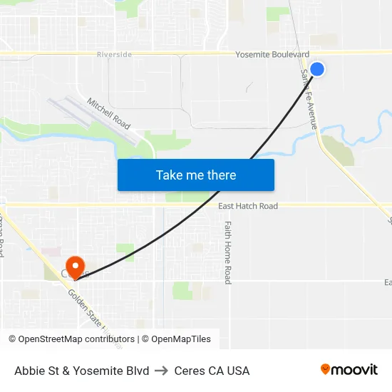 Abbie St & Yosemite Blvd to Ceres CA USA map