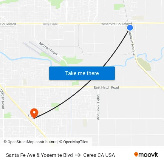 Santa Fe Ave & Yosemite Blvd to Ceres CA USA map