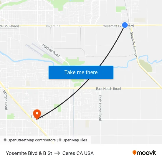 Yosemite Blvd & B St to Ceres CA USA map