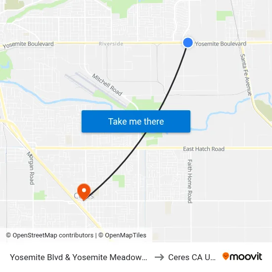Yosemite Blvd & Yosemite Meadows Dr to Ceres CA USA map