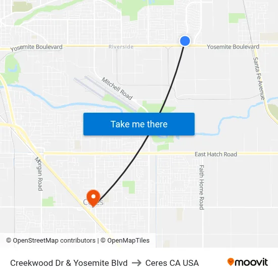 Creekwood Dr & Yosemite Blvd to Ceres CA USA map