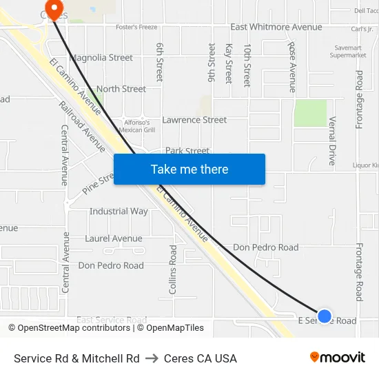 Service Rd & Mitchell Rd to Ceres CA USA map