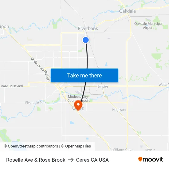 Roselle Ave & Rose Brook to Ceres CA USA map