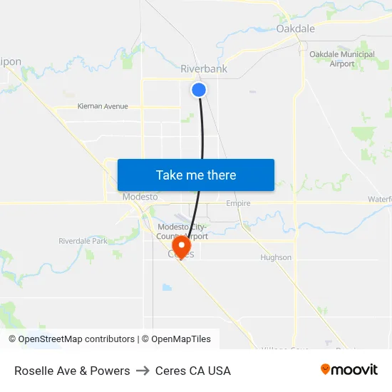 Roselle Ave & Powers to Ceres CA USA map