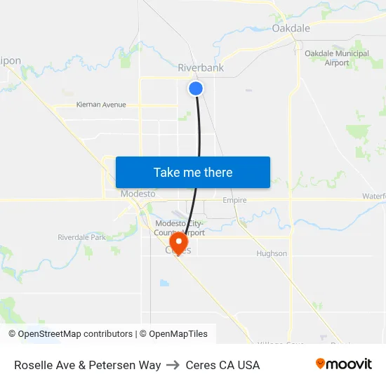 Roselle Ave & Petersen Way to Ceres CA USA map