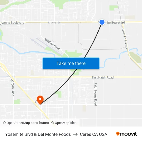 Yosemite Blvd & Del Monte Foods to Ceres CA USA map