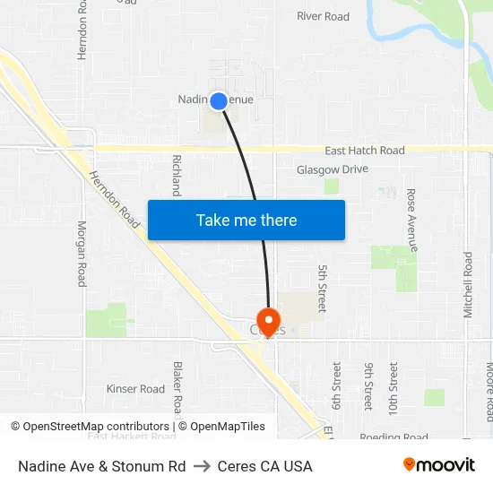 Nadine Ave & Stonum Rd to Ceres CA USA map