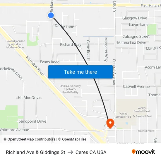 Richland Ave & Giddings St to Ceres CA USA map
