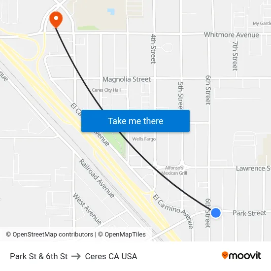 Park St & 6th St to Ceres CA USA map