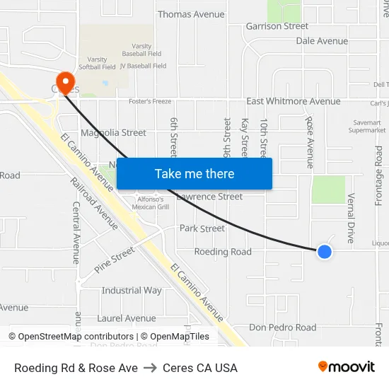 Roeding Rd & Rose Ave to Ceres CA USA map