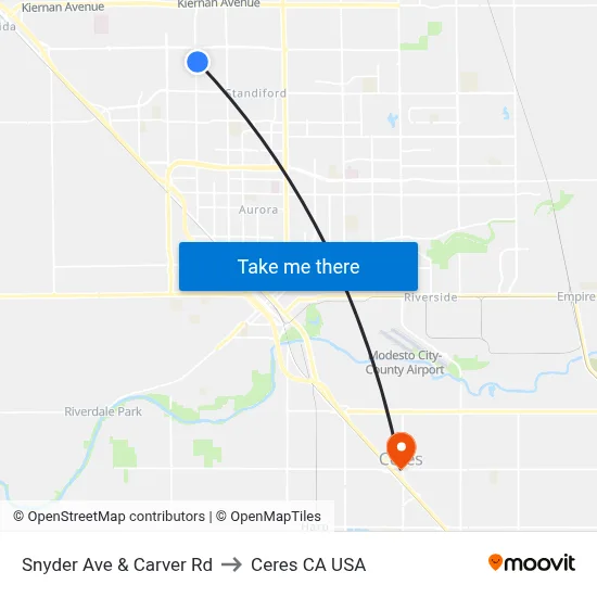 Snyder Ave & Carver Rd to Ceres CA USA map