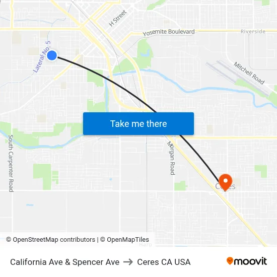 California Ave & Spencer Ave to Ceres CA USA map