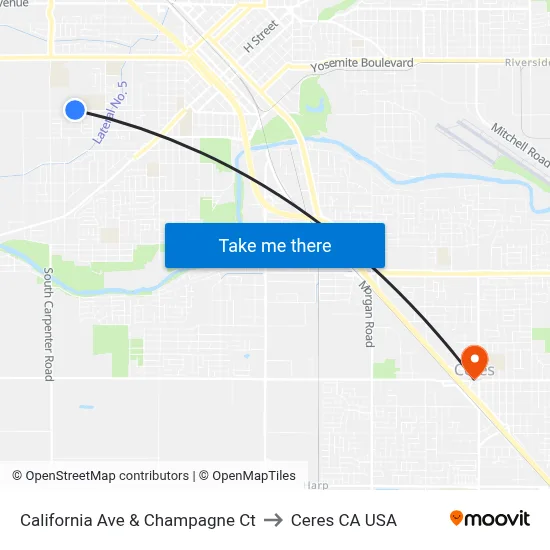 California Ave & Champagne Ct to Ceres CA USA map