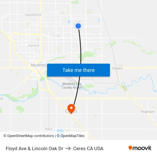 Floyd Ave & Lincoln Oak Dr to Ceres CA USA map