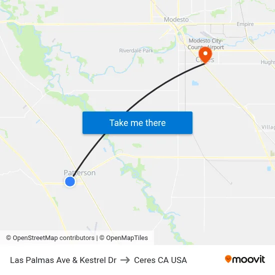 Las Palmas Ave & Kestrel Dr to Ceres CA USA map