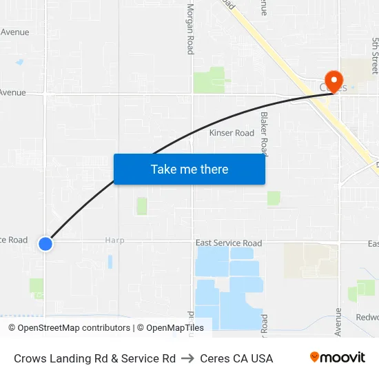 Crows Landing Rd & Service Rd to Ceres CA USA map