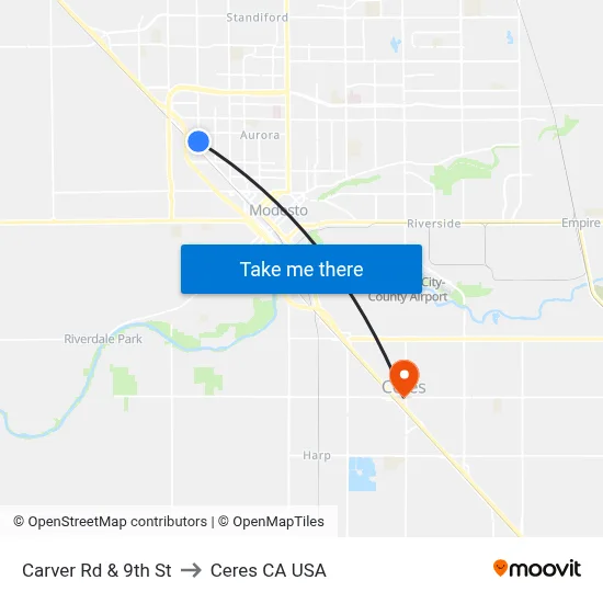 Carver Rd & 9th St to Ceres CA USA map