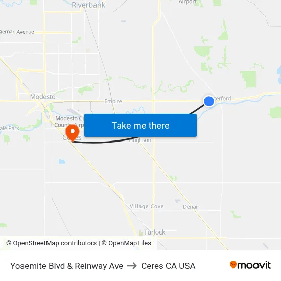 Yosemite Blvd & Reinway Ave to Ceres CA USA map
