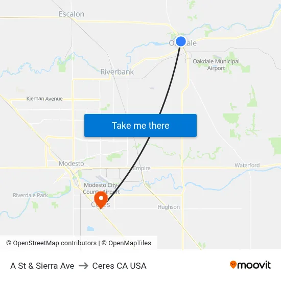 A St & Sierra Ave to Ceres CA USA map