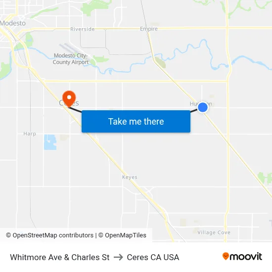 Whitmore Ave & Charles St to Ceres CA USA map