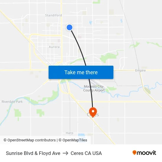 Sunrise Blvd & Floyd Ave to Ceres CA USA map