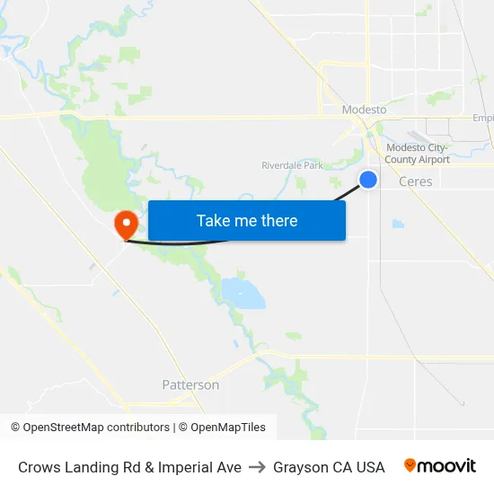 Crows Landing Rd & Imperial Ave to Grayson CA USA map