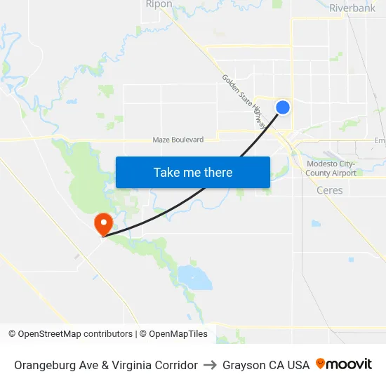 Orangeburg Ave & Virginia Corridor to Grayson CA USA map